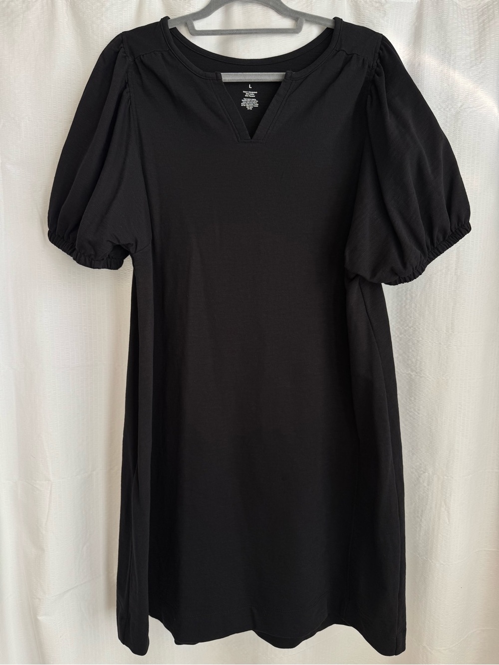 French Terry Black Puff-Sleeve Mini Dress